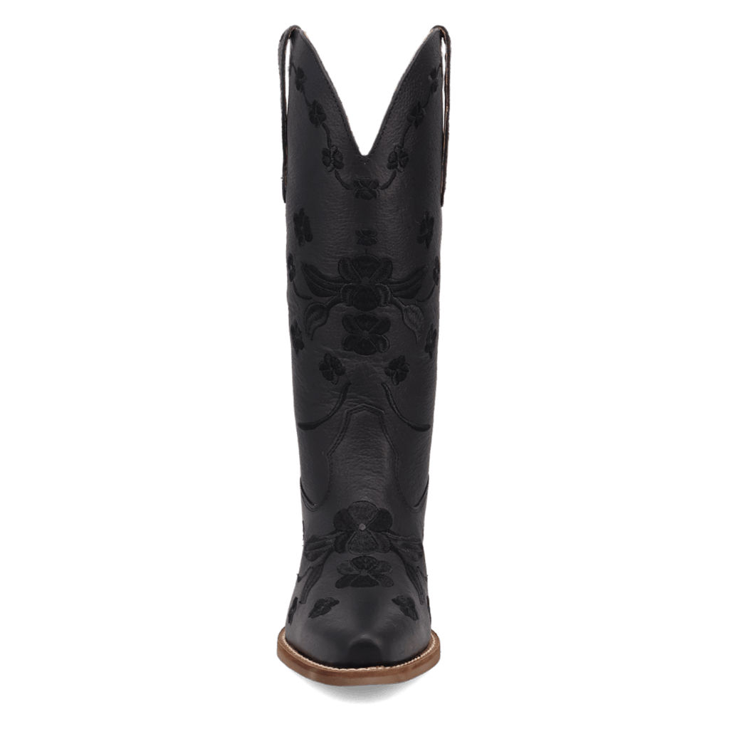 A single black leather cowboy boot with floral and scroll embossed patterns, shown from a front-facing perspective on a solid white background.