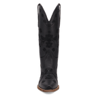 A single black leather cowboy boot with floral and scroll embossed patterns, shown from a front-facing perspective on a solid white background.