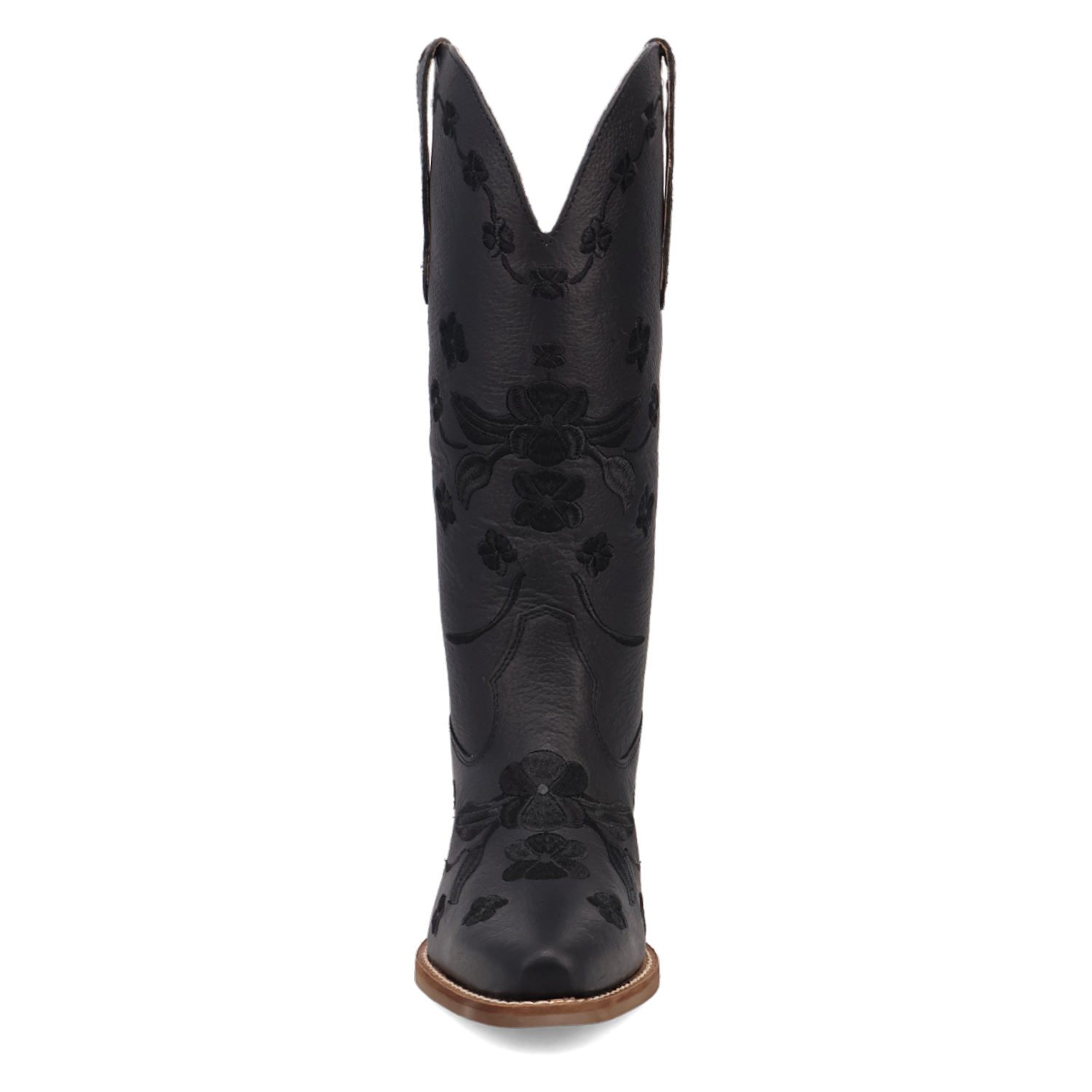 A single black leather cowboy boot with floral and scroll embossed patterns, shown from a front-facing perspective on a solid white background.