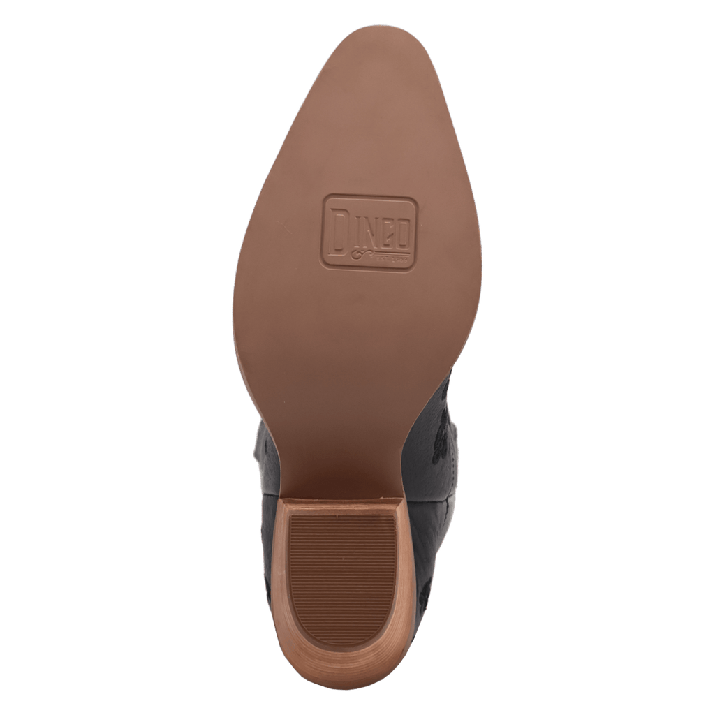 Top-down view of a shoe sole showing a brown rubber outsole with a pointed toe and heel, and a dark black upper with a textured finish.