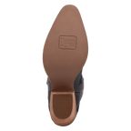 Top-down view of a shoe sole showing a brown rubber outsole with a pointed toe and heel, and a dark black upper with a textured finish.