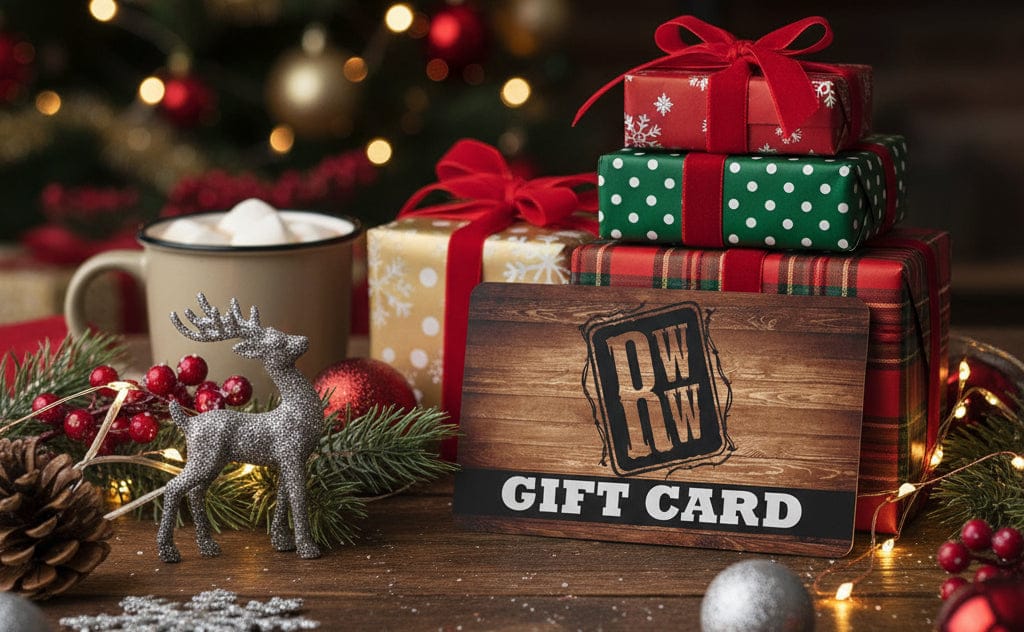 Christmas-themed setting with gift boxes, a mug, and a 'GIFT CARD' sign.