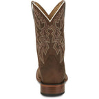 Brown cowboy boot with intricate brown stitching pattern on the upper shaft. 