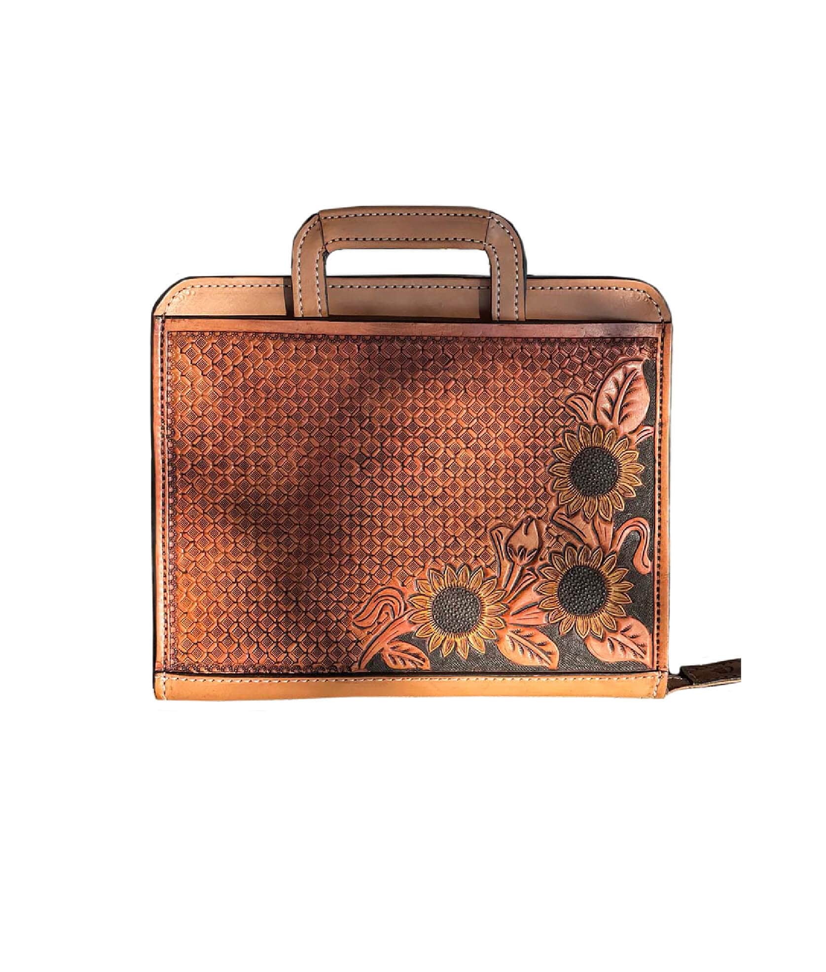 Alamo Saddlery Travel Cowboy Briefcase golden leather waffle and sunflower tooling with background paint
