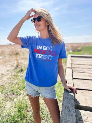 American Farm Company Shirts 'In God We Still Trust' Blue Tee
