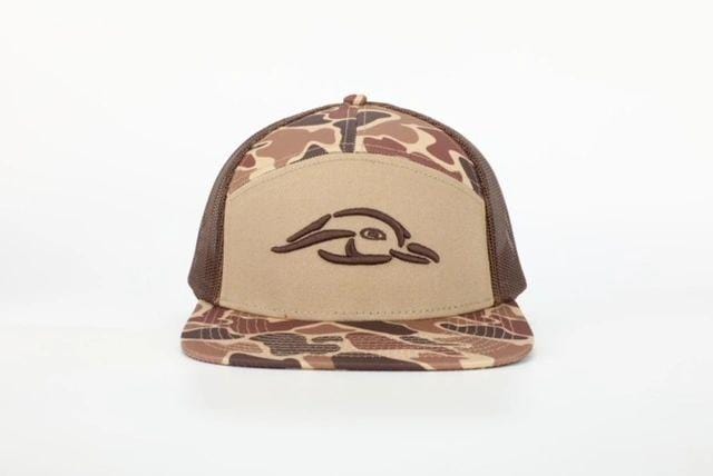 American Flyway Waterfowl Hats 7 Panel Brown Old School AFW Style w- 3 D Puff and Brown Mesh