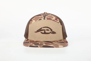 American Flyway Waterfowl Hats 7 Panel Brown Old School AFW Style w- 3 D Puff and Brown Mesh