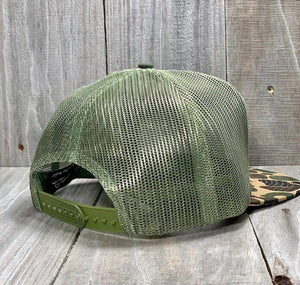 American Flyway Waterfowl Hats 7 Panel Old School Cap w- Green Trim Patch and Green Mesh