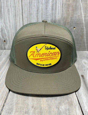 American Flyway Waterfowl Hats 7 Panel Yellow Upland Patch Loden w- Evergreen Mesh Back Cap