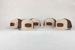 American Flyway Waterfowl Hats AF Waterfowl Leather Patch Pale Khaki & Brown 7 Panel Trucker