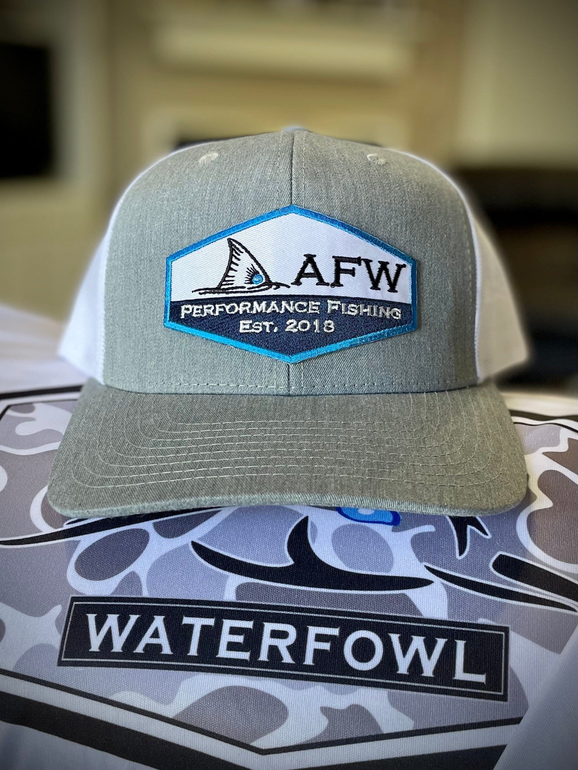American Flyway Waterfowl Hats AFW Fishing Blue Trim Patch Hat - Grey/ White Snapback Trucker