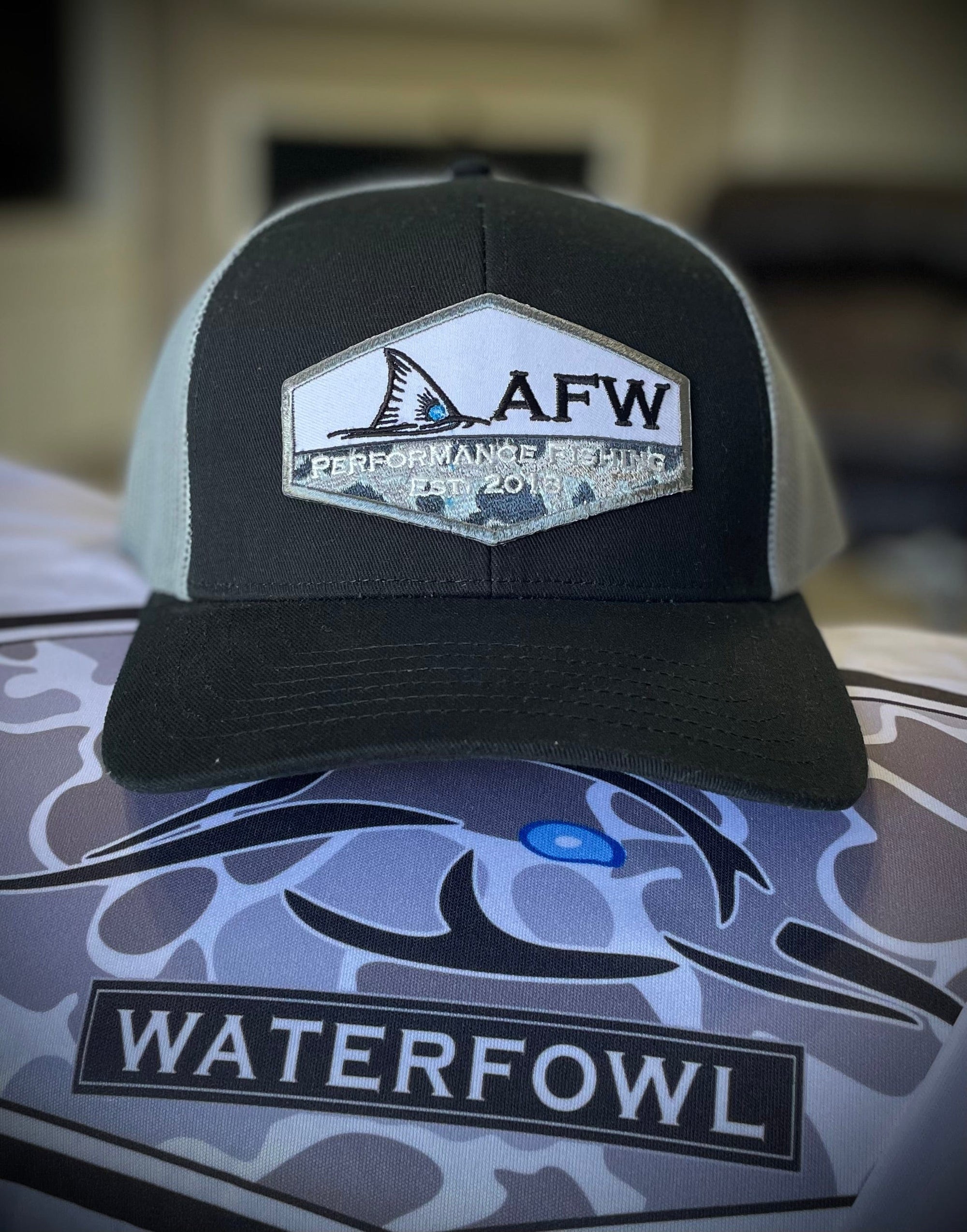 American Flyway Waterfowl Hats AFW Fishing Patch Hat - Black/Grey Snapback Trucker