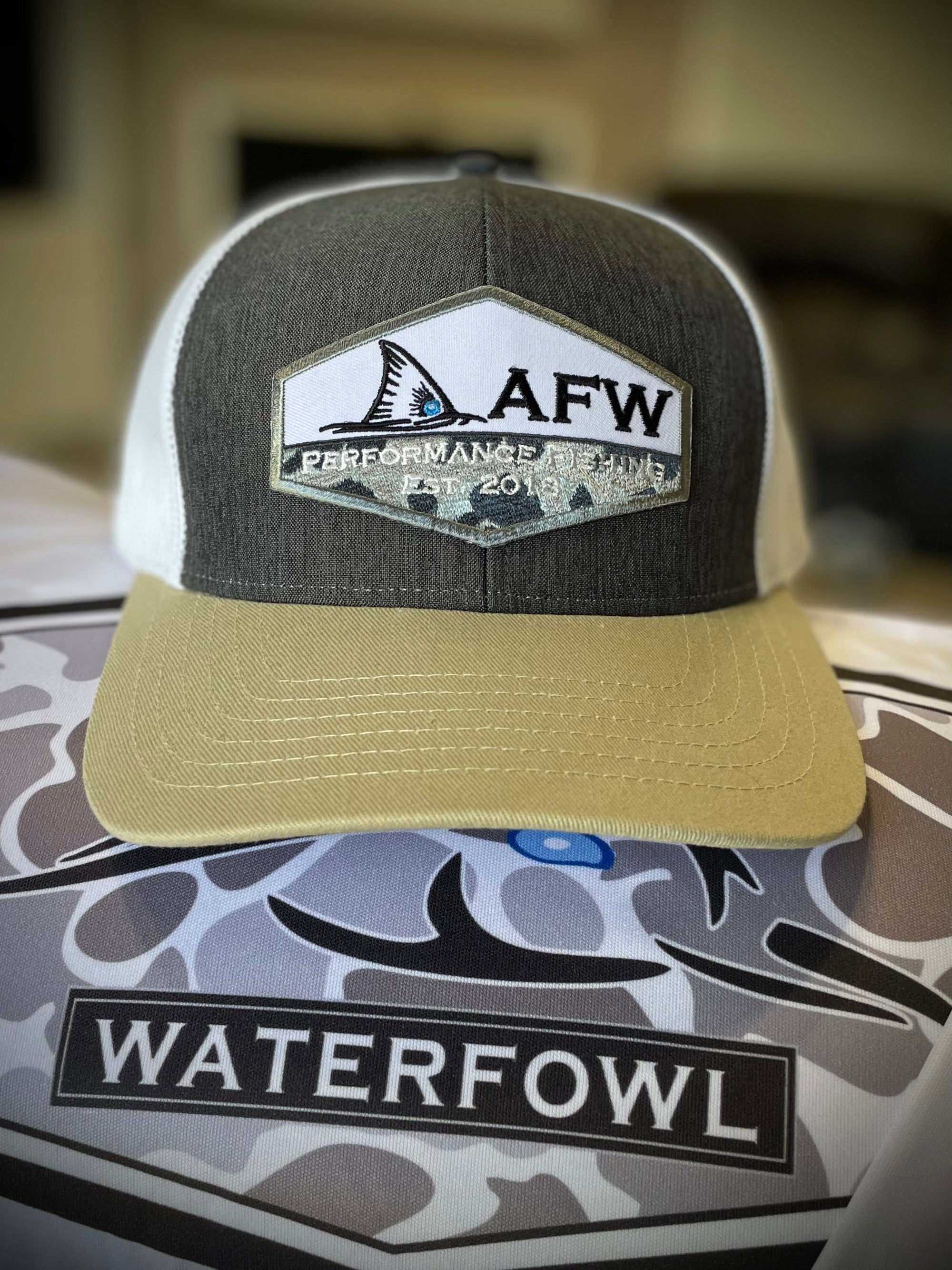 American Flyway Waterfowl Hats AFW Fishing Patch Hat - Charcoal/White/Khaki Snapback Trucker