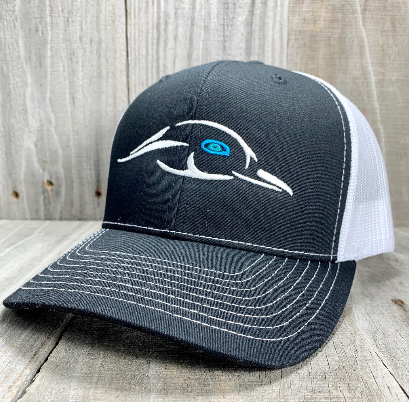 American Flyway Waterfowl Hats Black / White Mesh Back Silver Logo w/ Blue Eye - 112