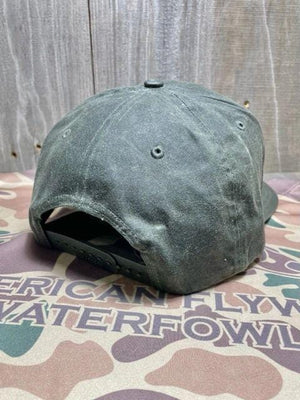 American Flyway Waterfowl Hats Leather Patch Dark Olive Waxed Cap 7 Panel Snapback