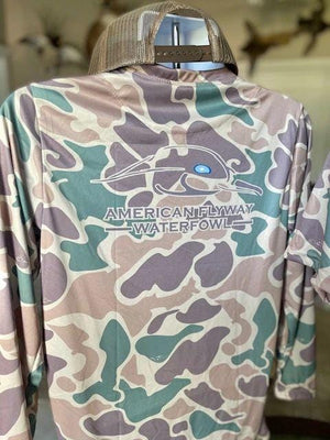 American Flyway Waterfowl Shirts AF Waterfowl Old School w- Green and Brown Performance Long Sleeve Shirt