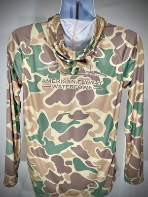 American Flyway Waterfowl Shirts Green and Brown OSC Lightweight Performance Shirt with Hood and Flat Draw String