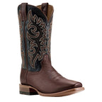 Brown Cowboy boot with a black upper shaft and intricate brown stitching on a white background