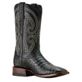 Black Caiman skin cowboy boot with intricate stich patterns on a white background. 