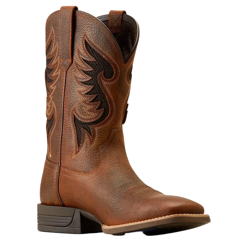 Brown cowboy boot with inlayed mesh and intricate stitch pattern on a plain white background.