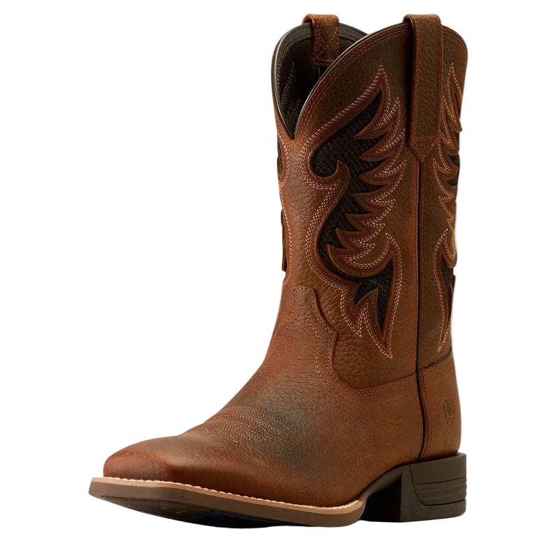 Brown cowboy boot with inlayed mesh and intricate stitch pattern on a plain white background.
