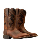 Pair of brown cowboy boot with inlayed mesh and intricate stitch pattern on a plain white background.