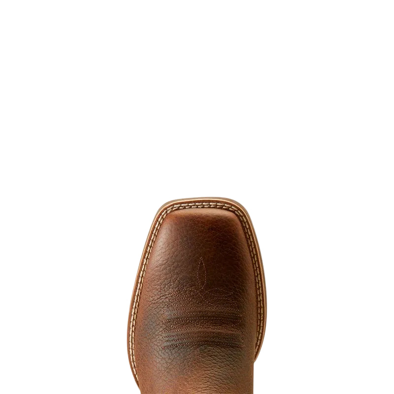 Brown cowboy boot with inlayed mesh and intricate stitch pattern on a plain white background.