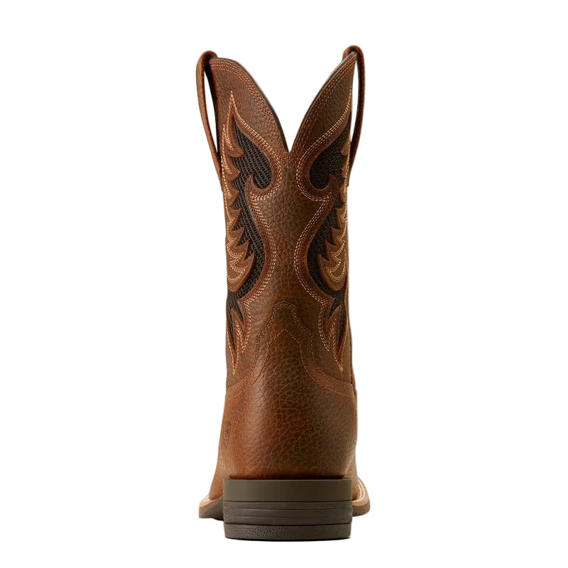 Brown cowboy boot with inlayed mesh and intricate stitch pattern on a plain white background.