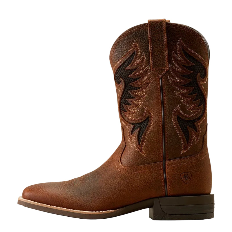 Brown cowboy boot with inlayed mesh and intricate stitch pattern on a plain white background.