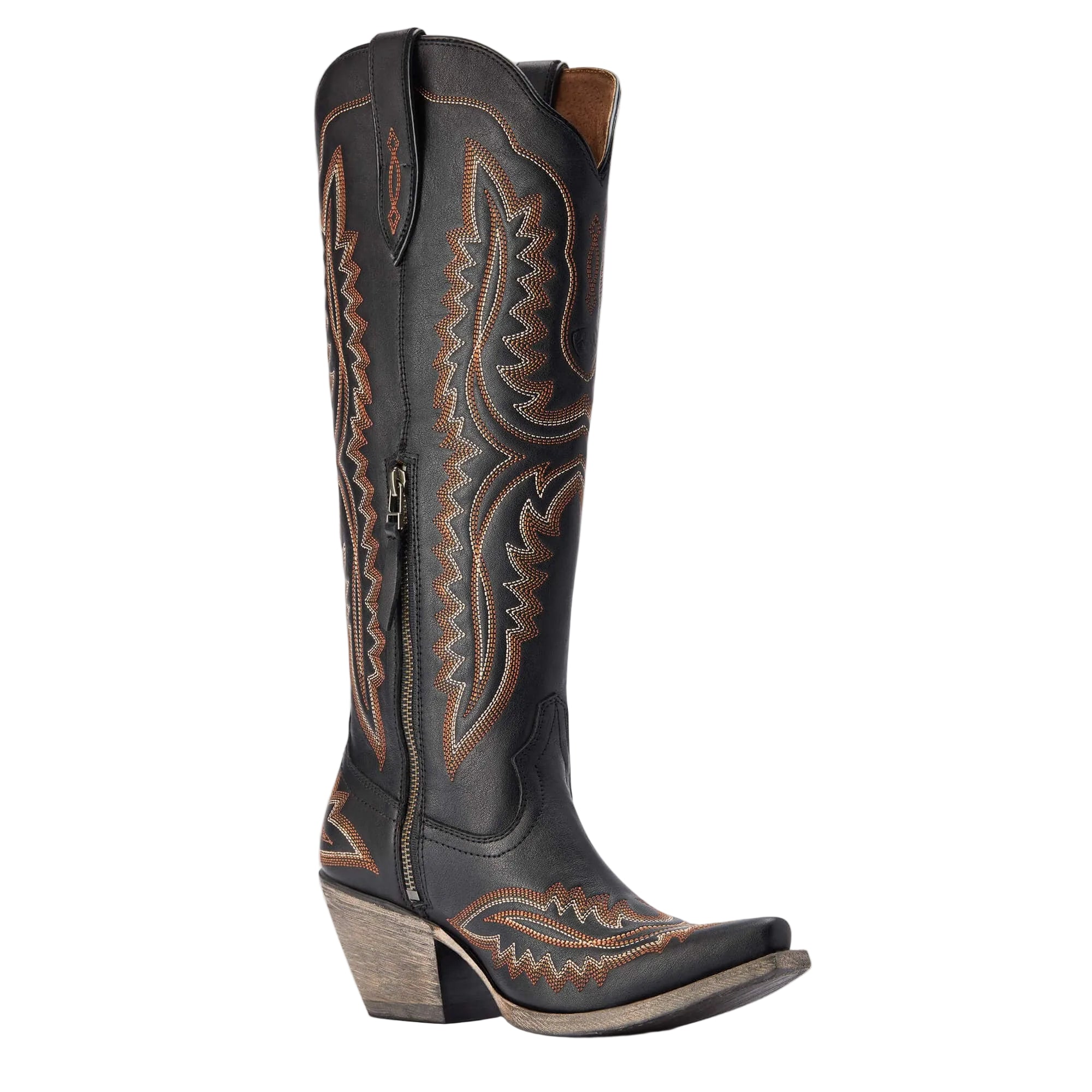 Black Cowgirl boot with an intricate brown and white stitch pattern. 