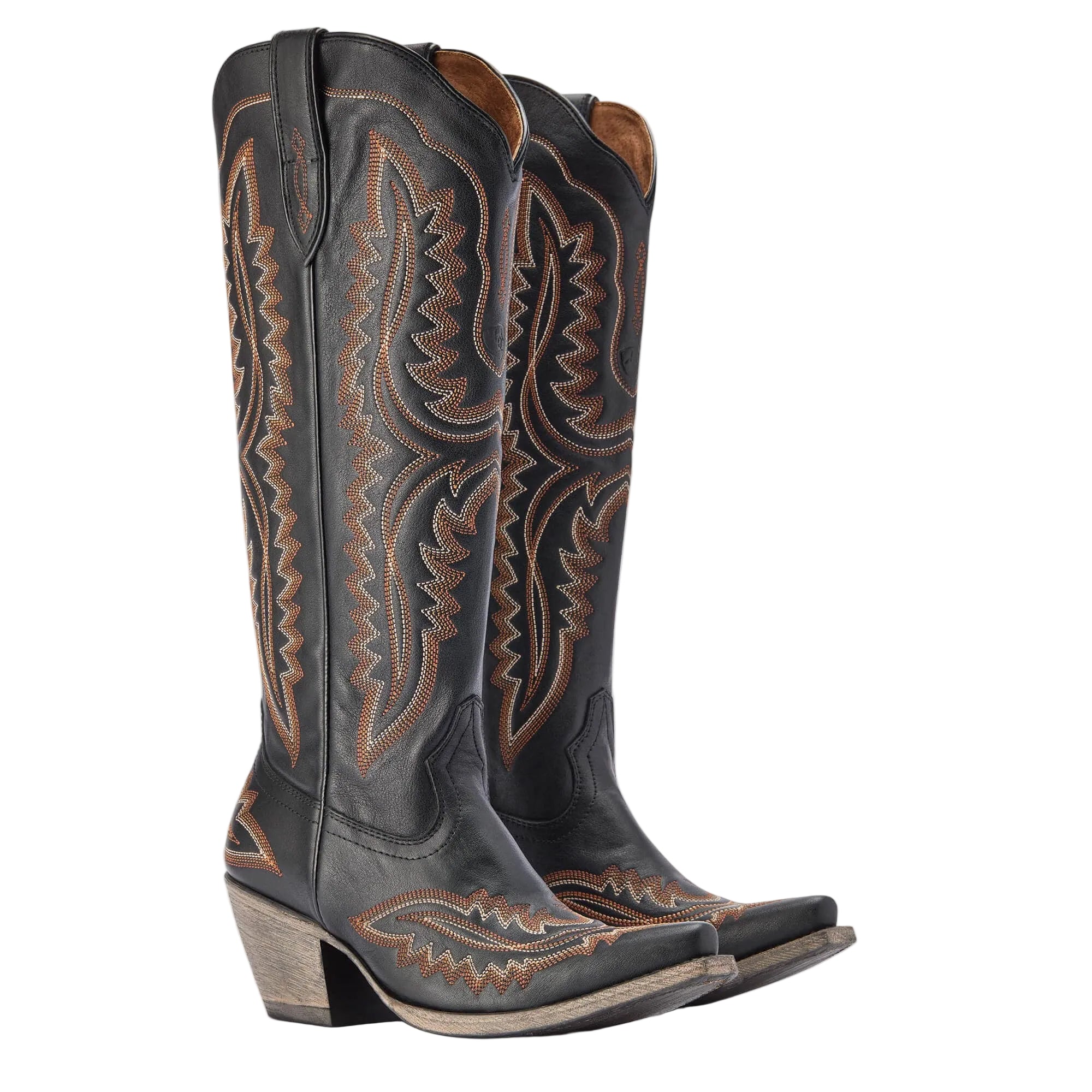 Pair of tall black cowgirl boot with an intricate brown and white stitch pattern. 