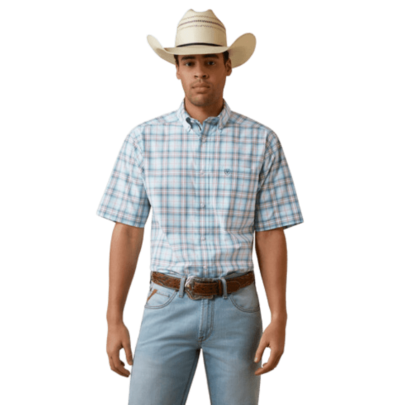 ARIAT INTERNATIONAL, INC. Shirts Ariat Men's Pro Series Osiel Pale Turquoise Stone Blue and Orange Plaid Stretch Short Sleeve Western Shirt 10044851