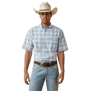 ARIAT INTERNATIONAL, INC. Shirts Ariat Men's Pro Series Osiel Pale Turquoise Stone Blue and Orange Plaid Stretch Short Sleeve Western Shirt 10044851