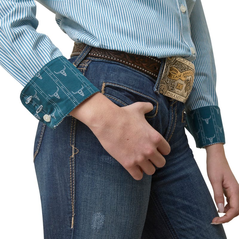 ARIAT INTERNATIONAL, INC. Shirts Ariat Women's Kirby Crystal Teal Stripe Long Sleeve Button Down Stretch Shirt 10046700