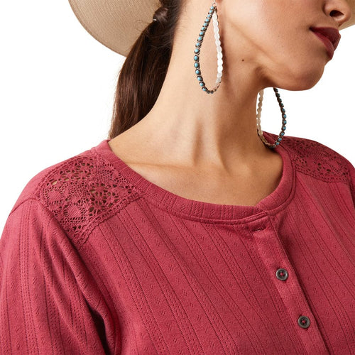 ARIAT INTERNATIONAL, INC. Shirts Ariat Women's Pointelle Earth Red Long Sleeve Henley Top 10043413