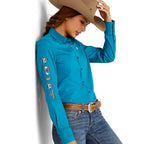 ARIAT INTERNATIONAL, INC. Shirts Ariat Women's Wrinkle Resist Team Kirby Crystal Teal Long Sleeve Stretch Shirt 10046562