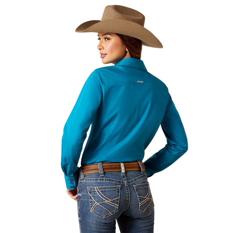 ARIAT INTERNATIONAL, INC. Shirts Ariat Women's Wrinkle Resist Team Kirby Crystal Teal Long Sleeve Stretch Shirt 10046562