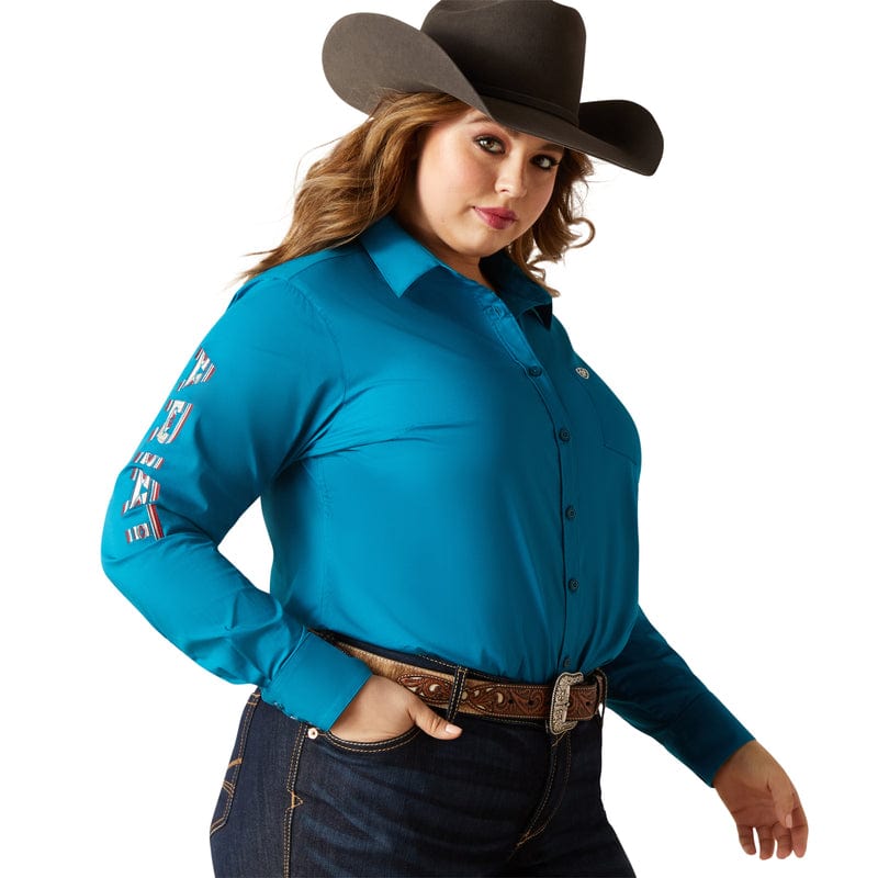 ARIAT INTERNATIONAL, INC. Shirts Ariat Women's Wrinkle Resist Team Kirby Crystal Teal Long Sleeve Stretch Shirt 10046562