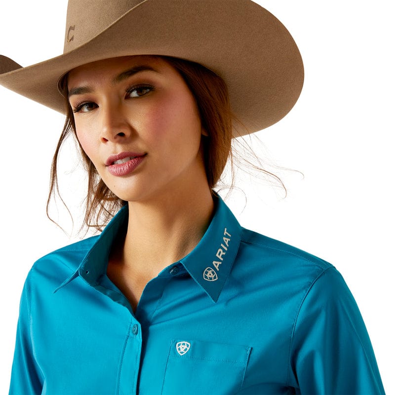 ARIAT INTERNATIONAL, INC. Shirts Ariat Women's Wrinkle Resist Team Kirby Crystal Teal Long Sleeve Stretch Shirt 10046562