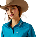 ARIAT INTERNATIONAL, INC. Shirts Ariat Women's Wrinkle Resist Team Kirby Crystal Teal Long Sleeve Stretch Shirt 10046562