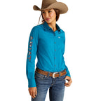 ARIAT INTERNATIONAL, INC. Shirts Ariat Women's Wrinkle Resist Team Kirby Crystal Teal Long Sleeve Stretch Shirt 10046562