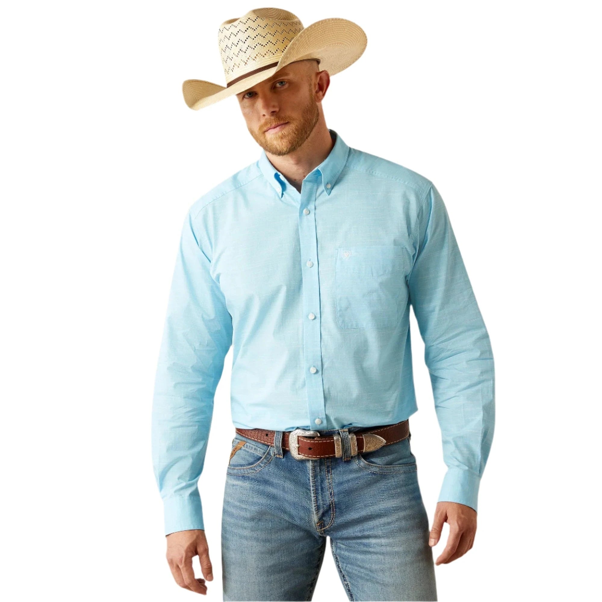 ARIAT Shirts Ariat Men's Light Blue Solid Slub Button Down Western Shirt 10058785