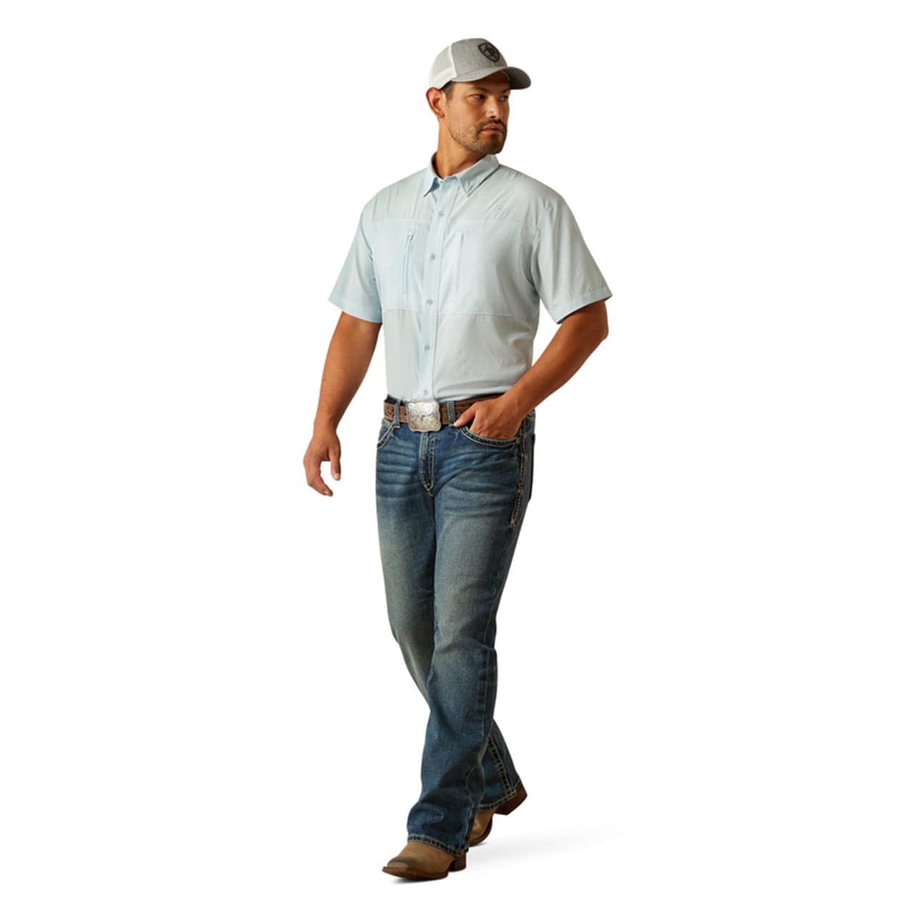 ARIAT Shirts Ariat Men's Light Blue VentTek Papyrus Short Sleeve Button Down Shirt 10058814