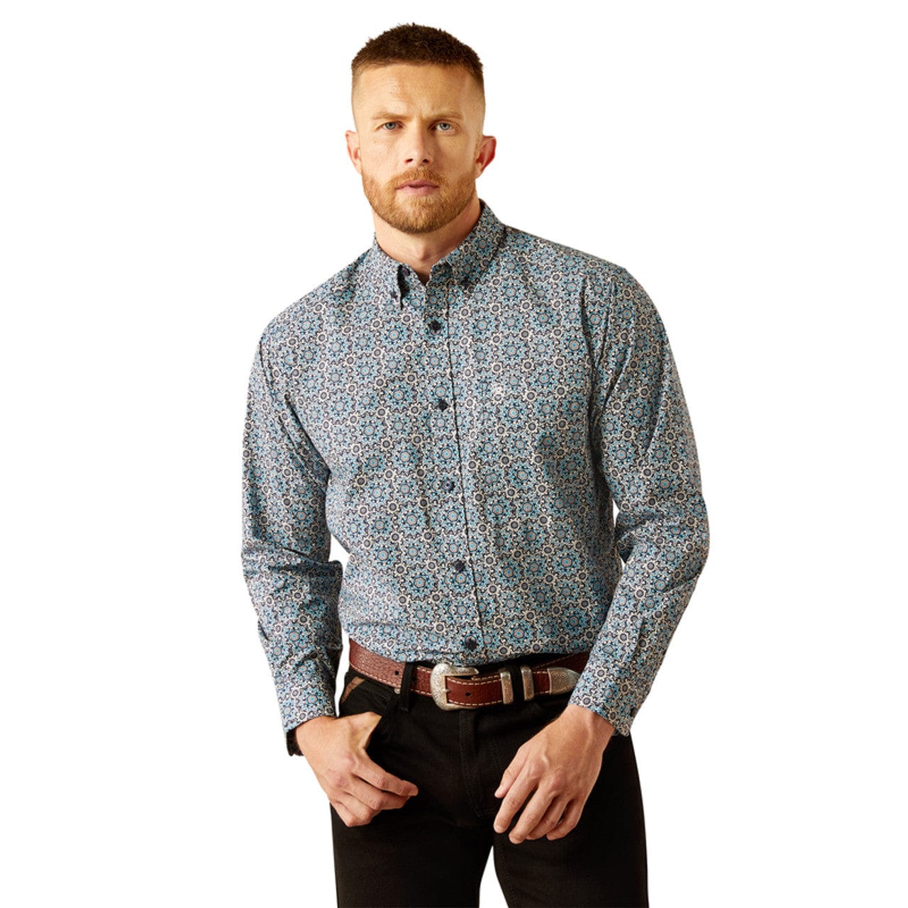 ARIAT Shirts Ariat Men's Santiago Dark Teal Print Long Sleeve Western Shirt 10058967