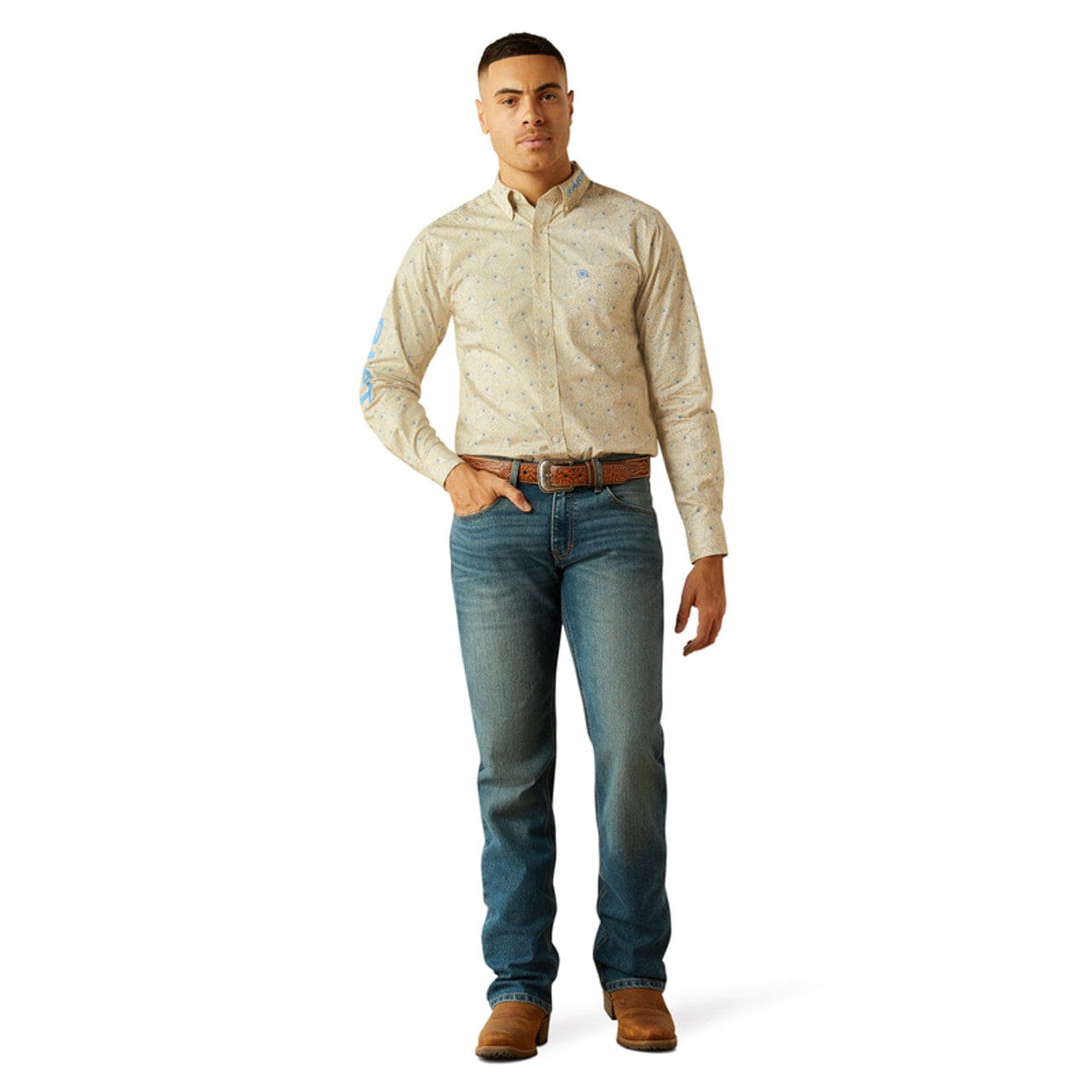 ARIAT Shirts Ariat Men's Team Alder Fitted Khaki Print Button Down Western Shirt 10058978