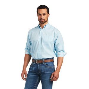 ARIAT Shirts Ariat Men's Wrinkle Free Solid Pinpoint Oxford Crystal Blue Classic Fit Long Sleeve Shirt 10040586