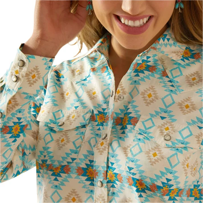 ARIAT Shirts Ariat Women's Blue Cayo Aztec Stripe Everyday Western Shirt 10060382