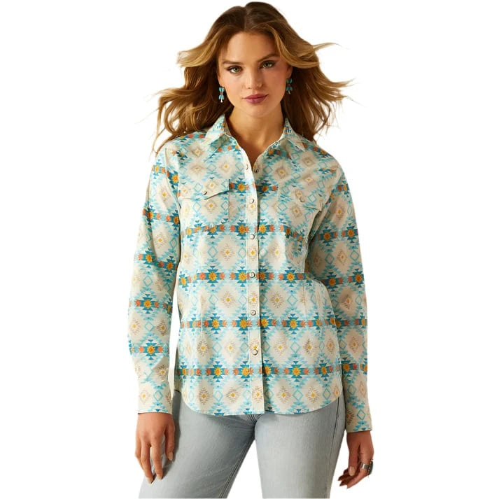 ARIAT Shirts Ariat Women's Blue Cayo Aztec Stripe Everyday Western Shirt 10060382