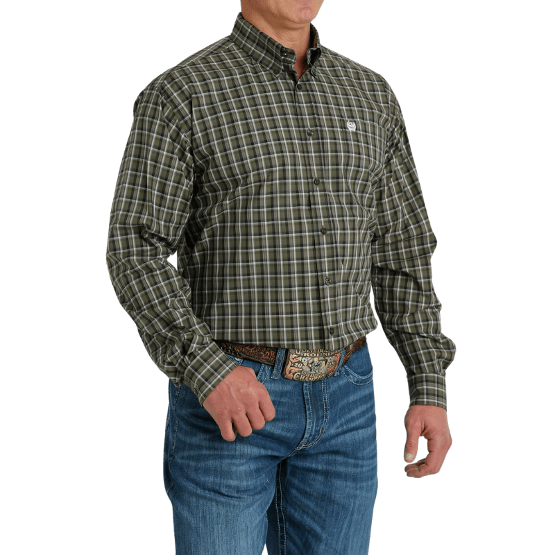 CINCH Mens - Shirt - Woven - Long Sleeve - Button Cinch Men's Olive Plaid Long Sleeve Button Down Western Shirt MTW1105662