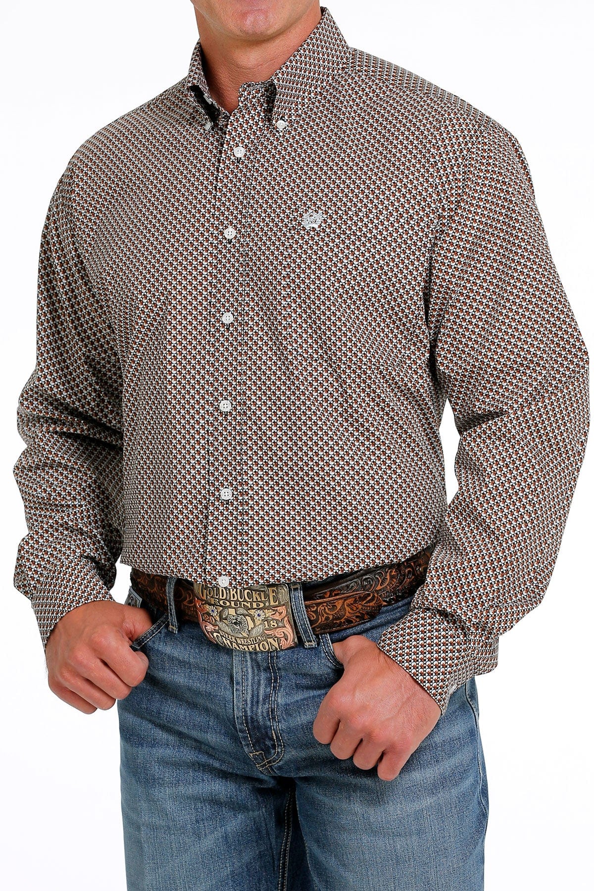 Cinch Men's Geometric Print Brown Long Sleeve Button Down Western